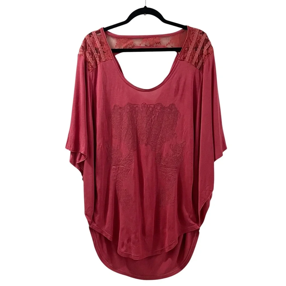 Free People Womens Berry Pink Lace Shoulder Draped‎ Open Back Tunic Top Large